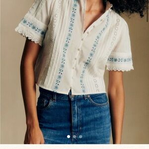 Sezane Embroidered White Blouse with Blue Accents